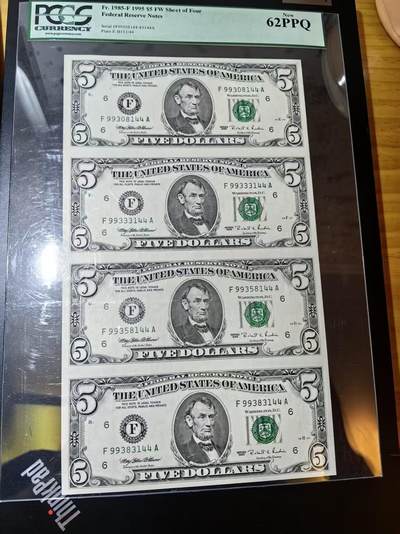 【Blue Auction】世界纸币精拍第766期——18级TOP拍卖/信誉/品质/专业/高效💫 - 【四连体】美国 1995年5美金 PCGS62EPQ 超大壳