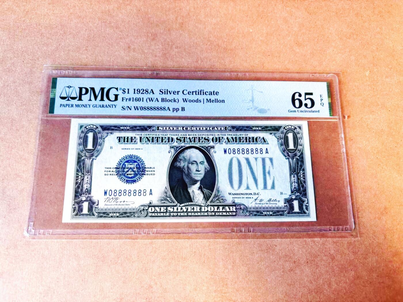 【Blue Auction】世界纸币精拍第766期——18级TOP拍卖/信誉/品质/专业/高效💫 【近全同8 倒置号 恐龙8】美国 1928A 1美金银币券 PMG65EPQ