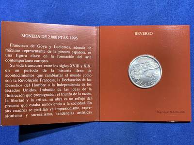 《竞宝斋》第449场 周日，周一，周二  3场连拍 （全场包邮，欢迎送拍） 西班牙 1996年 2000比塞塔 穿衣的玛哈 925银 18克 33mm 小纸卡册套币
