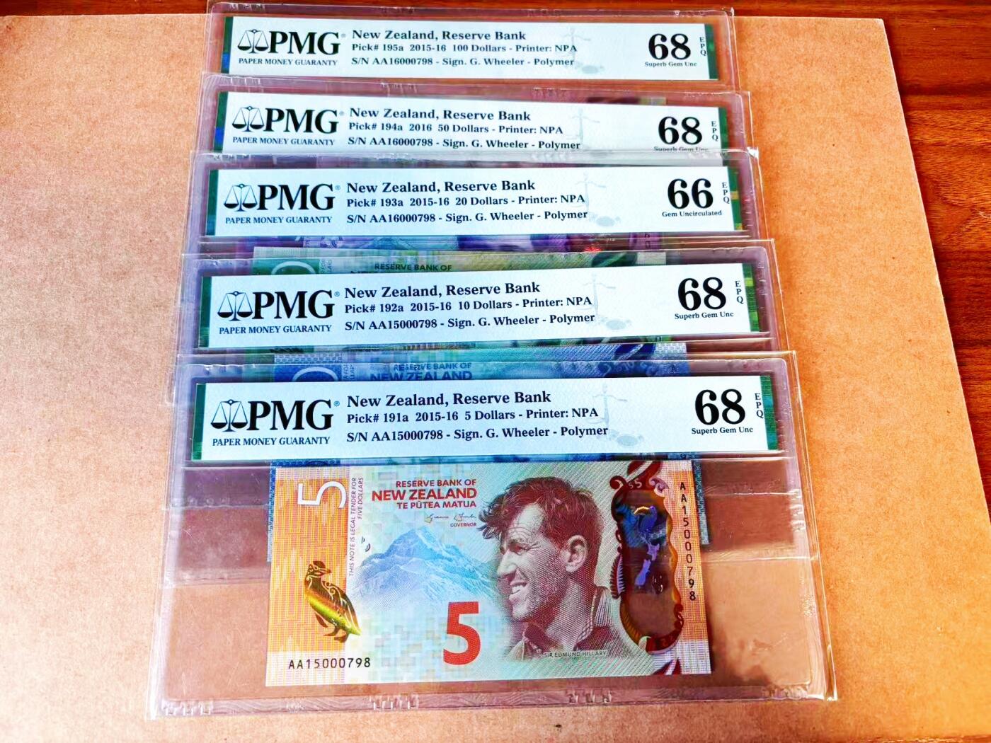 【Blue Auction】世界纸币精拍第766期——18级TOP拍卖/信誉/品质/专业/高效💫 【一组5张 AA冠798全同小号套装 含获奖钞】新西兰 2015-16年5-100元 PMG68EPQ-66EPQ  