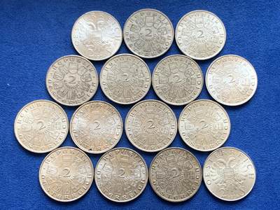 《竞宝斋》第449场 周日，周一，周二  3场连拍 （全场包邮，欢迎送拍） 15枚一组 奥地利2先令银币 1928年舒伯特11枚+1934年总理逝世纪念2枚+1932年伊格纳兹·塞佩尔2枚 640银 总重约180克