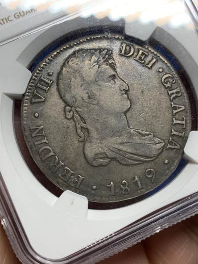 《竞宝斋》第449场 周日，周一，周二  3场连拍 （全场包邮，欢迎送拍） NGC VF35 西属玻利维亚1819年费七8R双柱银币 双面细节到位