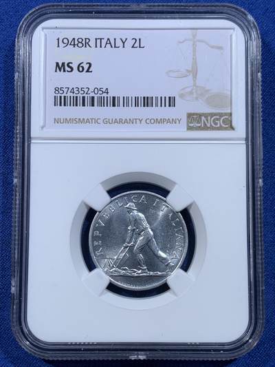 《竞宝斋》第449场 周日，周一，周二  3场连拍 （全场包邮，欢迎送拍） - NGC MS62 意大利1948R 2里拉 铝币