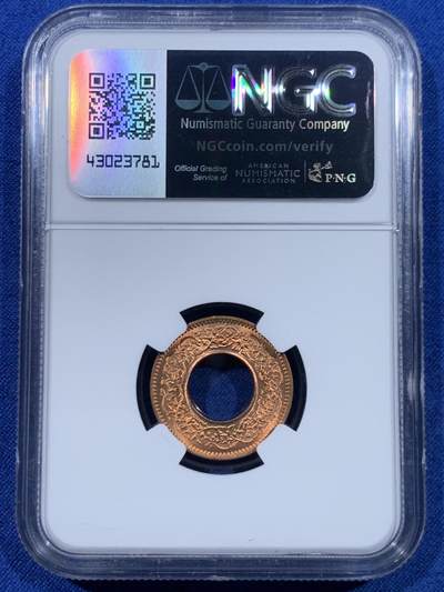 《竞宝斋》第449场 周日，周一，周二  3场连拍 （全场包邮，欢迎送拍） NGC MS67RD 英属印度 1943年 1PICE 中孔铜币 冠军分