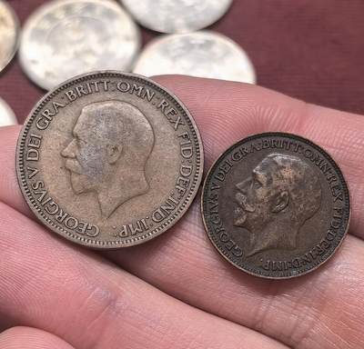 南宋泉阁俄币 外币 国币 专场第二十期 【送拍无额外佣金】 - 英国 1928/1924年 乔治五世半便士/1法新一对 通货好品 老包浆