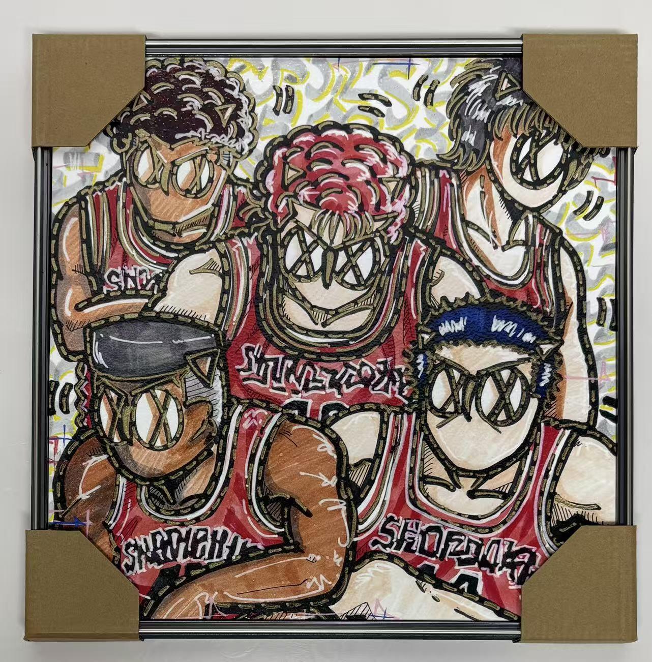 零元拍：OWSON 系列作品装饰肌理画《灌篮高手 湘北五虎》，相框尺寸35/35CM。因展品出展，镜框可能有轻微划痕，介意勿拍