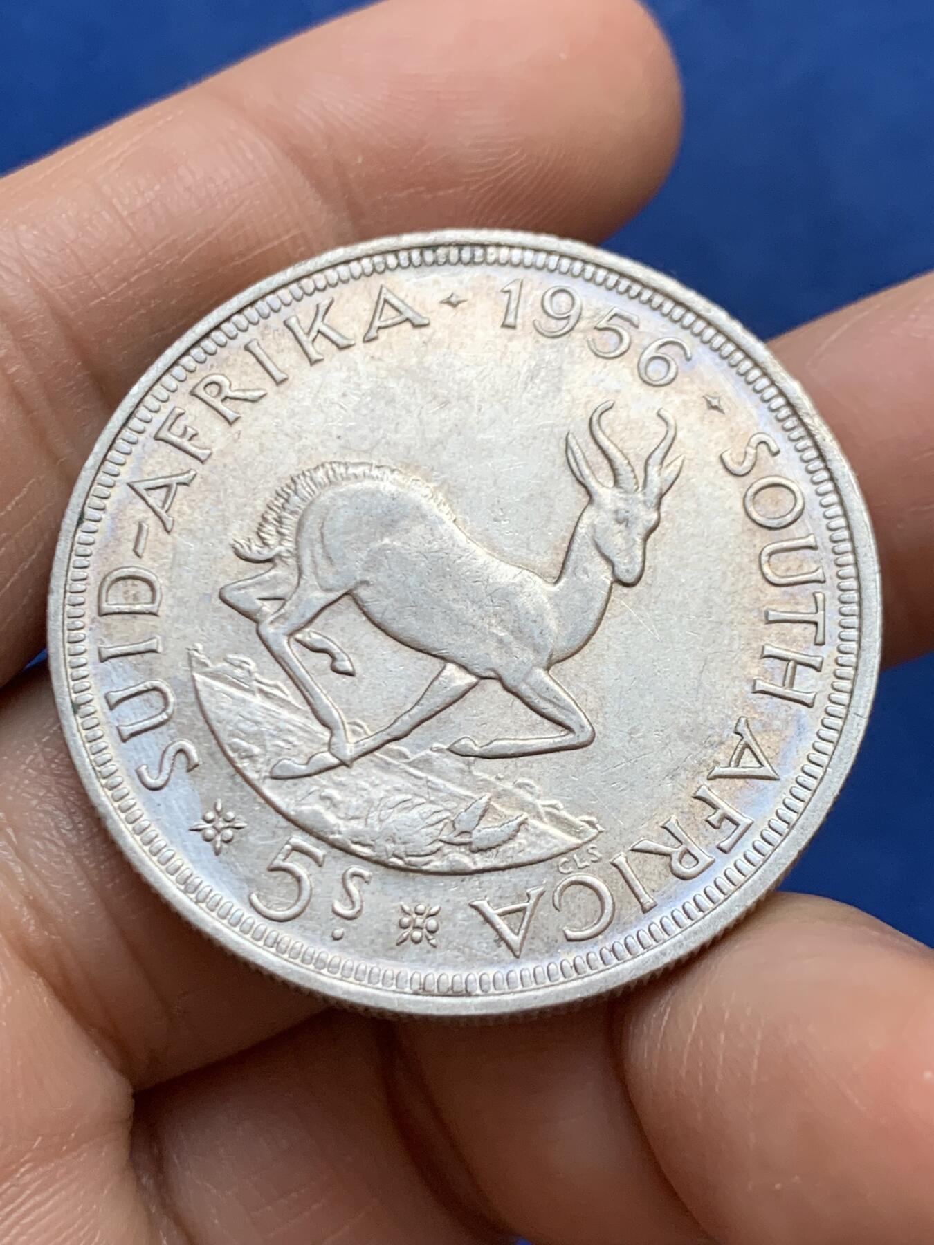 《竞宝斋》第449场 周日，周一，周二  3场连拍 （全场包邮，欢迎送拍） 南非1956年羚羊5先令银币