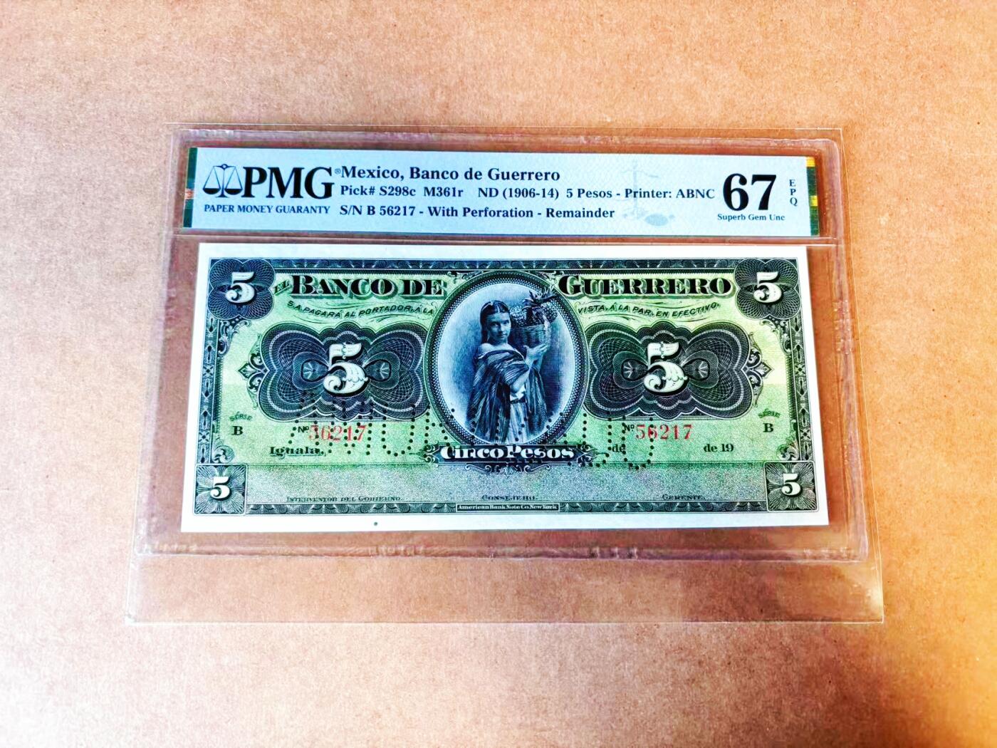 【Blue Auction】世界纸币精拍第766期——18级TOP拍卖/信誉/品质/专业/高效💫 【唯一冠军分】墨西哥1906-14年5比索 果篮女孩 阿卡普尔科港口景色 PMG67EPQ