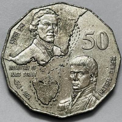 文馨钱币收藏第 286 场，圣诞节专场【 长期接收代拍品低至 0 佣金】 - 1998 年 澳大利亚50分 发现巴斯海峡200年32mm
