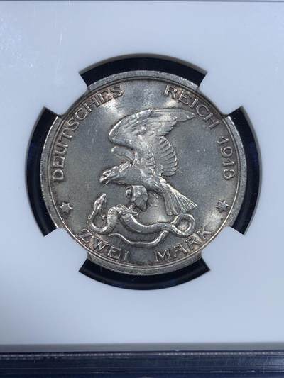 《竞宝斋》第449场 周日，周一，周二  3场连拍 （全场包邮，欢迎送拍） NGC MS65 德国1913年击败拿破仑纪念2马克银币