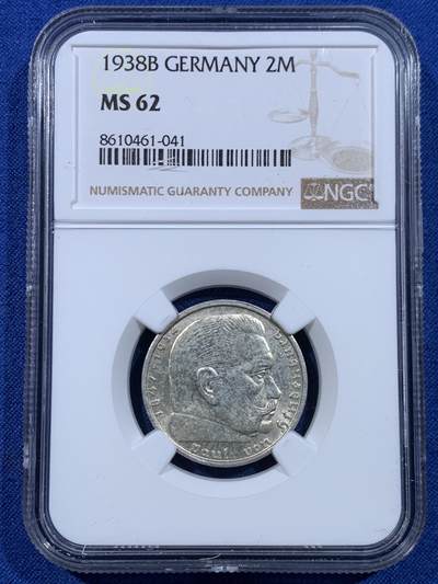 《竞宝斋》第449场 周日，周一，周二  3场连拍 （全场包邮，欢迎送拍） - NGC MS62 德国1938B兴登堡加字二马克银币，原光好品