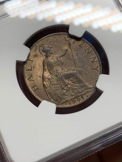 《竞宝斋》第449场 周日，周一，周二  3场连拍 （全场包邮，欢迎送拍） NGC MS63RB  英国1901年维多利亚1/2便士