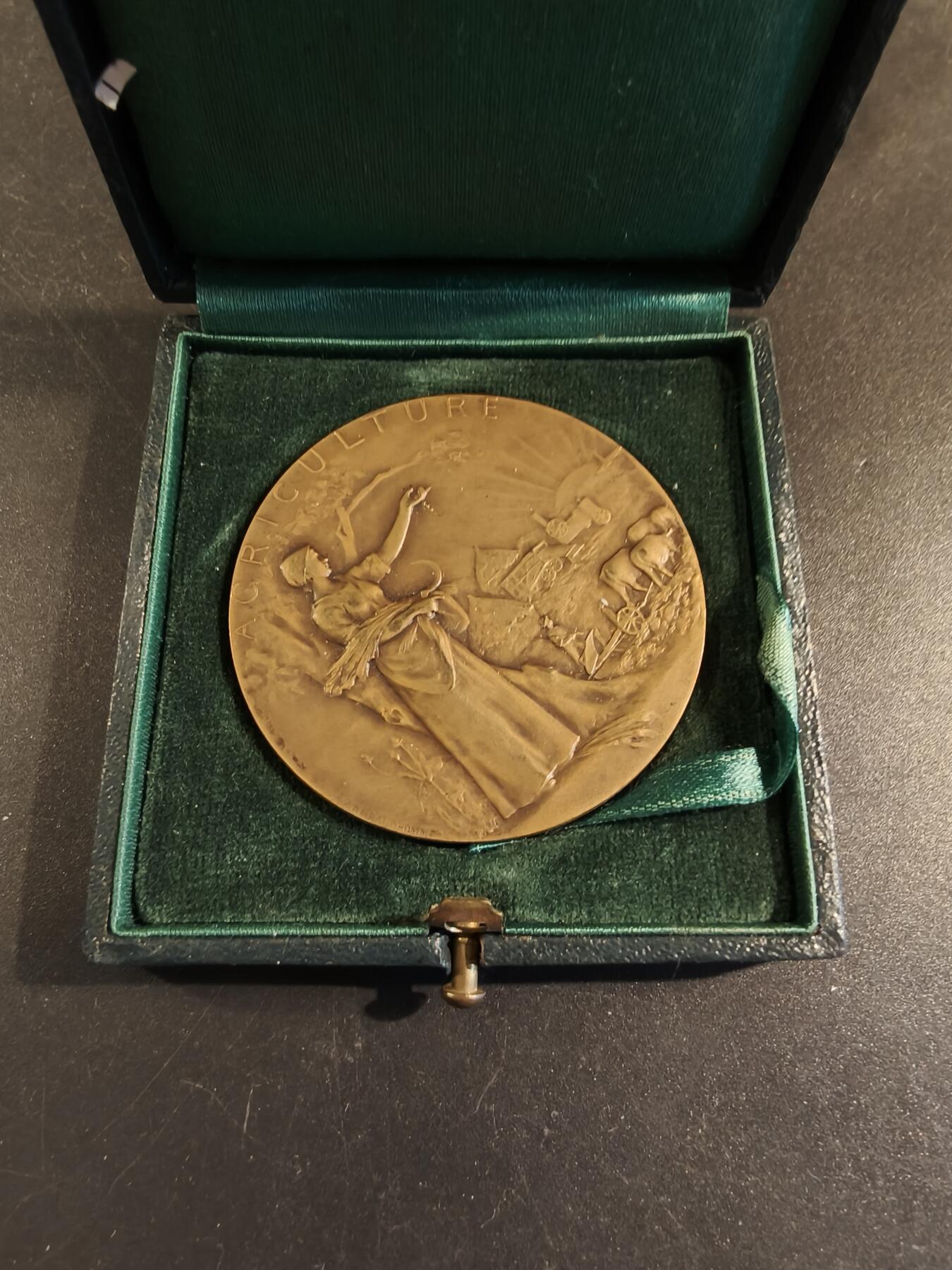 老王徽章第171期 法国萨瓦省圣朱利安昂热讷农业协会大铜章     原盒       大师P.Grandhomme作品     直径50mm     重量48.9g