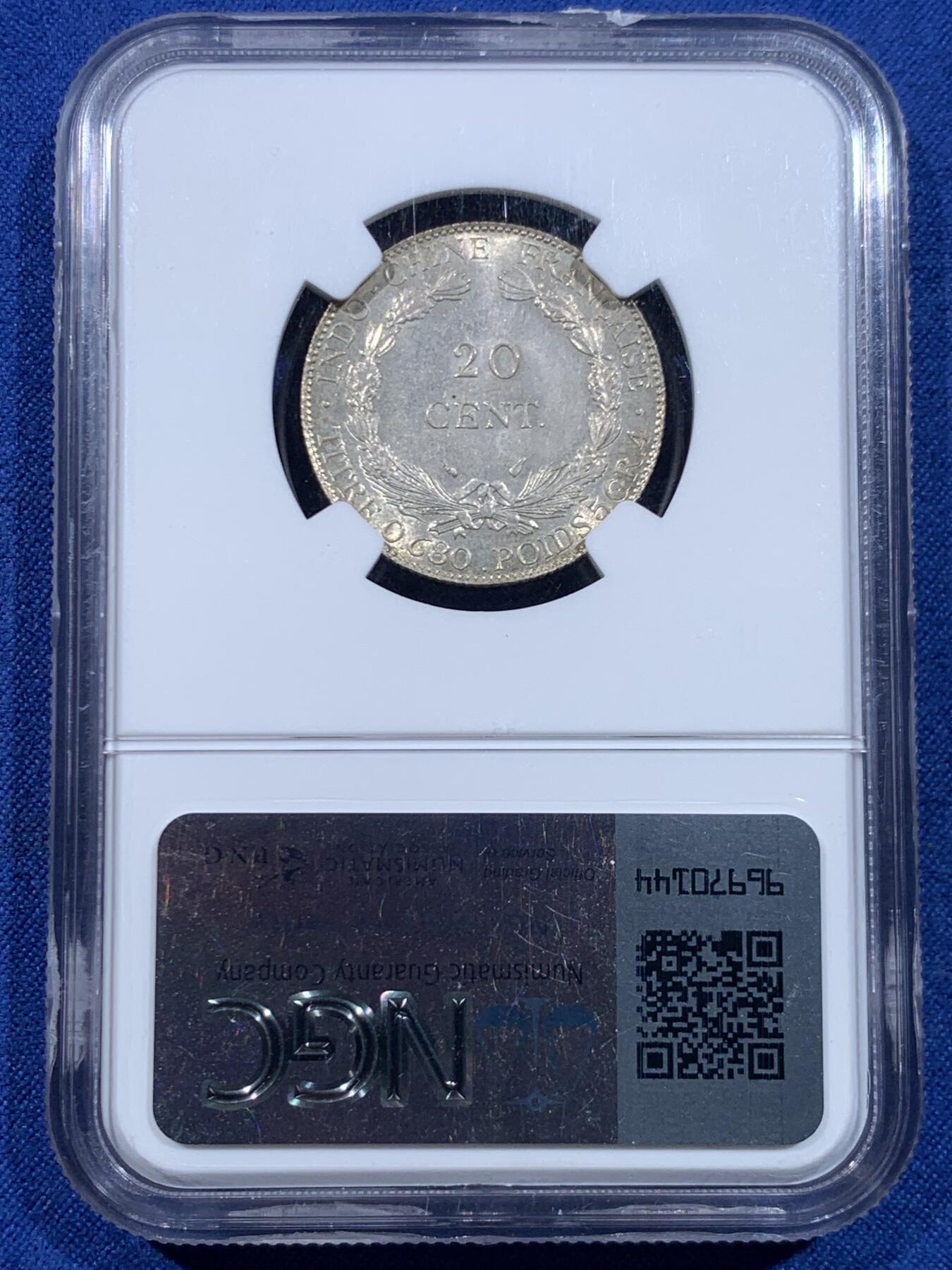 《竞宝斋》第449场 周日，周一，周二  3场连拍 （全场包邮，欢迎送拍） NGC MS64 法属印支 1937年 坐洋20分银币 状态极佳 原光十足。