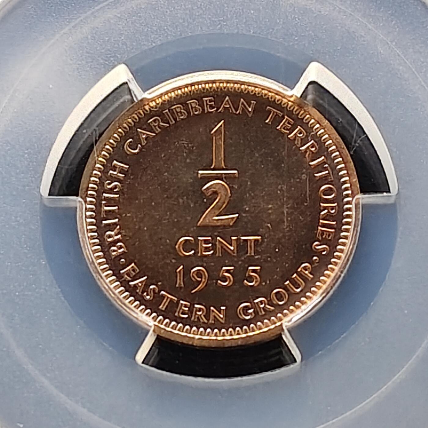 【全场包邮】纯粹捡漏拍489场（免费代拍第26场） 【收藏级·冠军分·稀少】英属加勒比领土1955年1/2分精制币-量2000-PCGS PR67 RD CAM