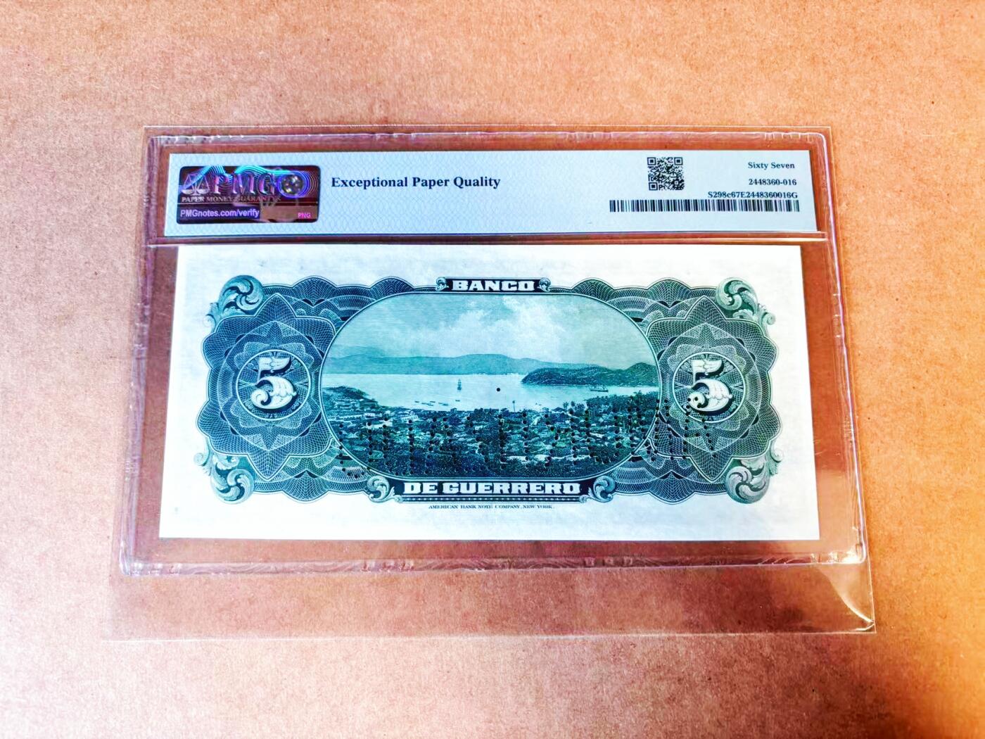 【Blue Auction】世界纸币精拍第766期——18级TOP拍卖/信誉/品质/专业/高效💫 【唯一冠军分】墨西哥1906-14年5比索 果篮女孩 阿卡普尔科港口景色 PMG67EPQ