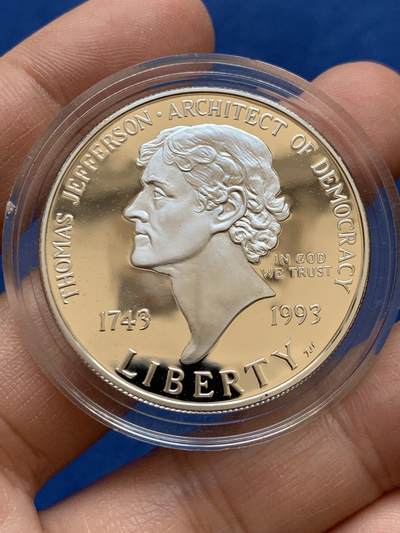 《竞宝斋》第449场 周日，周一，周二  3场连拍 （全场包邮，欢迎送拍） - 美国1993年托马斯·杰斐逊诞辰250周年1美元银币 26.63g 900银