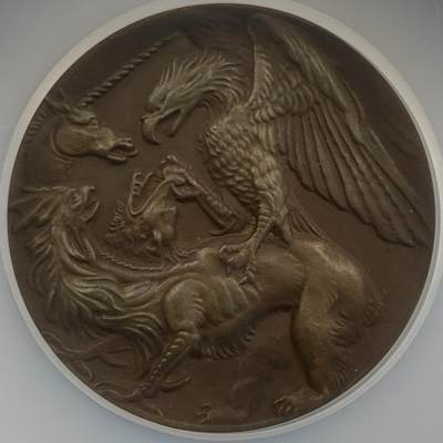 掌中浮雕-藏着的欧洲第047场 - NGC MS64 : 1914年俄罗斯九头蛇“俄罗斯和他的刽子手同伴”铜章，58mm，大师卡尔哥茨作品，歌茨目录#137