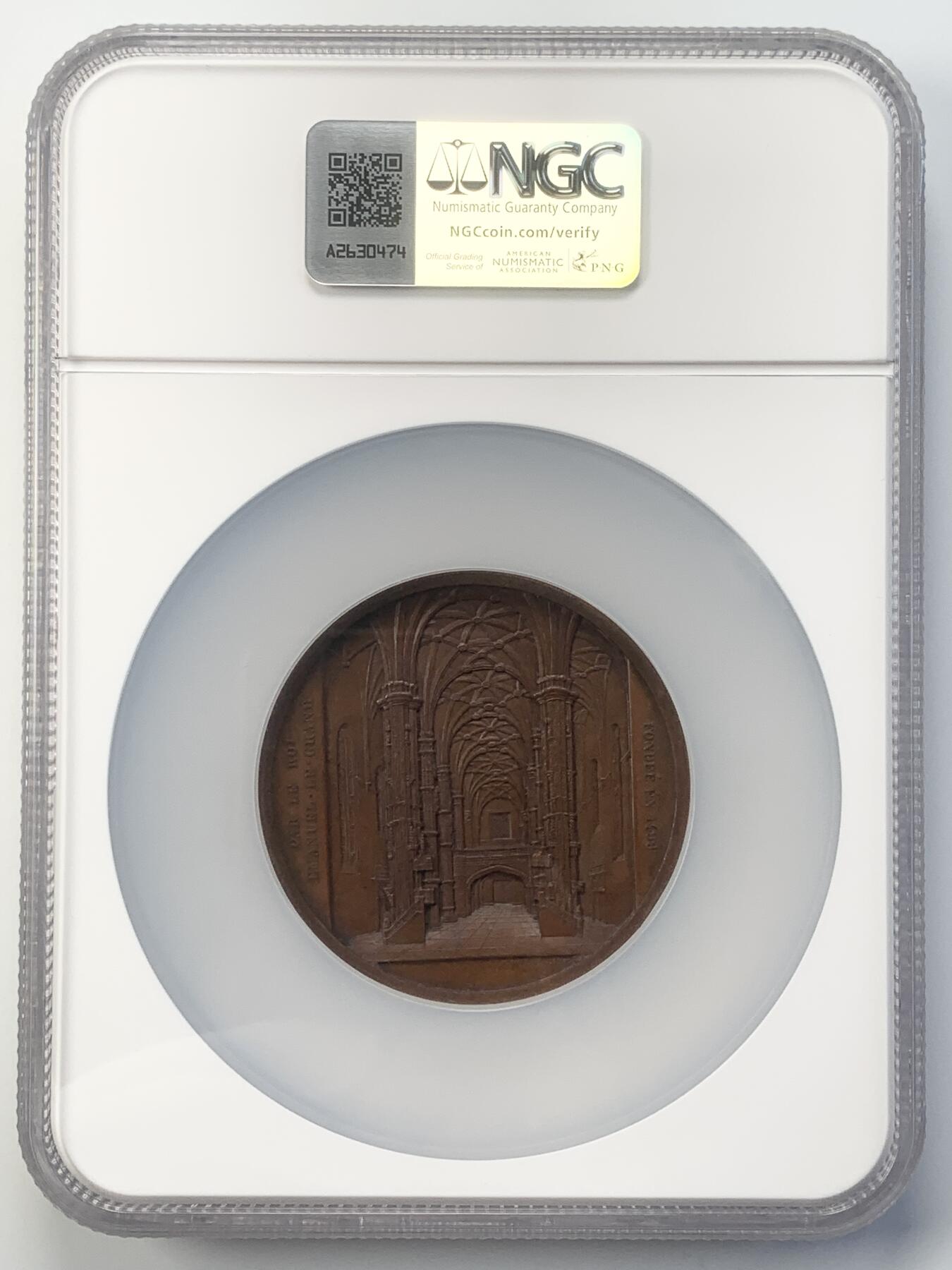掌中浮雕-藏着的欧洲第047场 NGC MS63 : 1867年葡萄牙贝伦修道院铜章，59mm，大师维纳作品