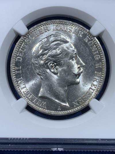 《竞宝斋》第449场 周日，周一，周二  3场连拍 （全场包邮，欢迎送拍） NGC MS62 德国1911年普鲁士国王威廉二世3马克银币