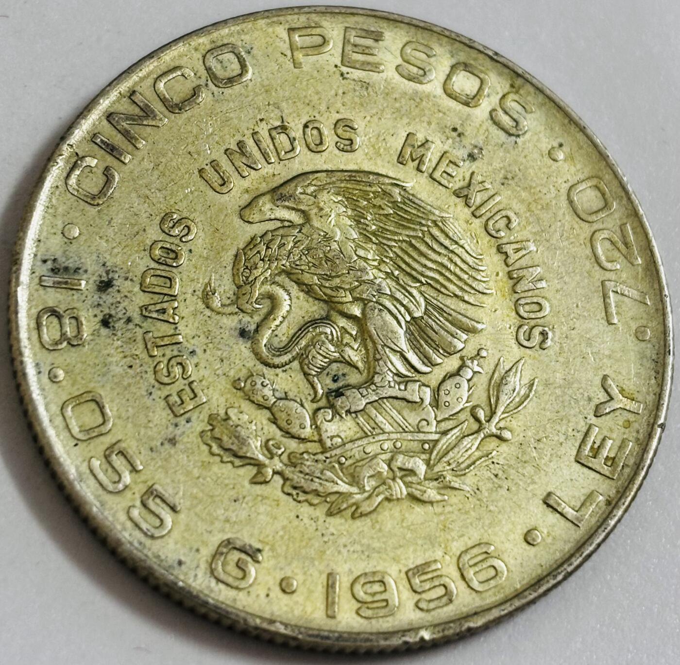 文馨钱币收藏第 286 场，圣诞节专场【 长期接收代拍品低至 0 佣金】 原光黄油底 1956 年墨西哥 5 比索大银币，18 克 720 银
