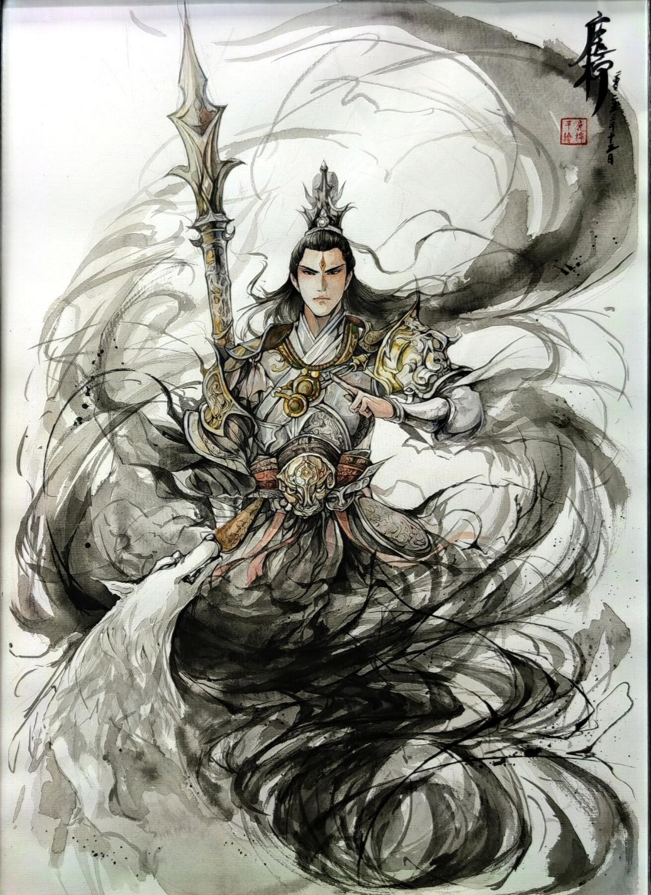 白泽拍卖卡牌手绘专场第30期（白金之夜 跨年大拍） 2025 鹿凝手绘画 二郎神 已装裱 尺寸：37cm*55.6cm  鹿凝亲签