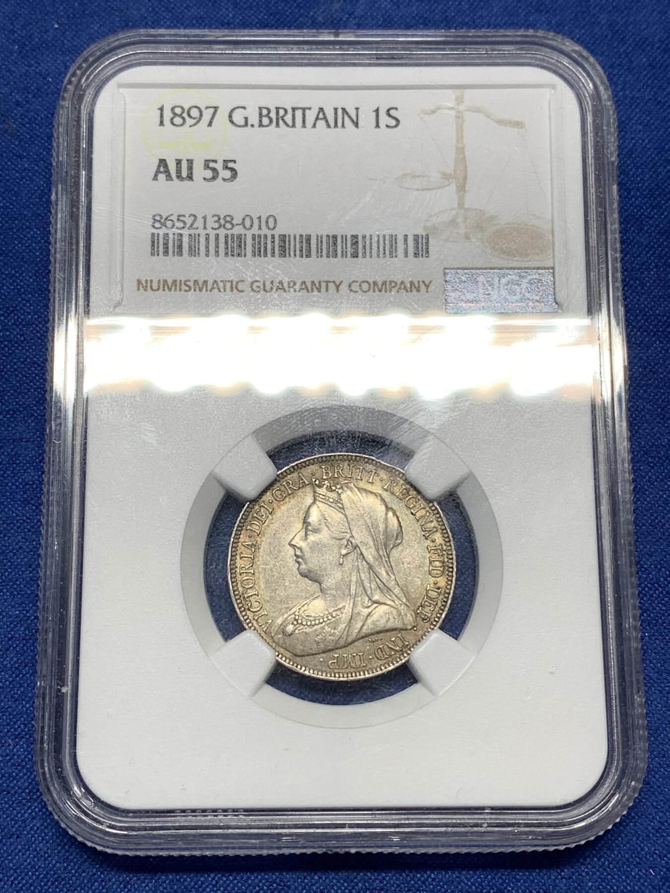 《竞宝斋》第449场 周日，周一，周二  3场连拍 （全场包邮，欢迎送拍） NGC AU55  英国1897年 维多利亚披纱1先令银币