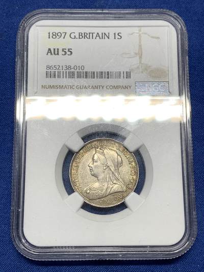 《竞宝斋》第449场 周日，周一，周二  3场连拍 （全场包邮，欢迎送拍） NGC AU55  英国1897年 维多利亚披纱1先令银币