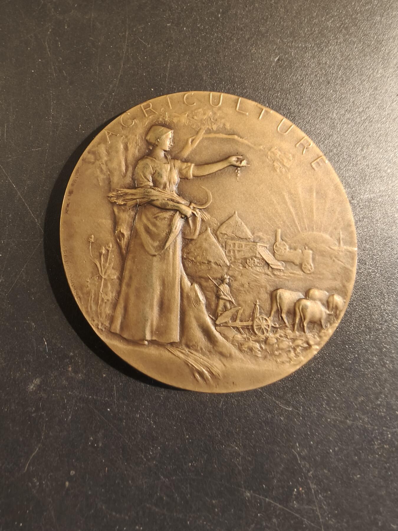 老王徽章第171期 法国萨瓦省圣朱利安昂热讷农业协会大铜章     原盒       大师P.Grandhomme作品     直径50mm     重量48.9g