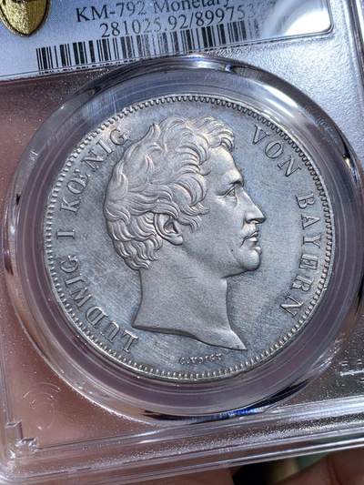 《竞宝斋》第449场 周日，周一，周二  3场连拍 （全场包邮，欢迎送拍） PCGS UNC 德国 1837年 巴伐利亚 货币同盟 2泰勒大银币 PL底板 性价比之选