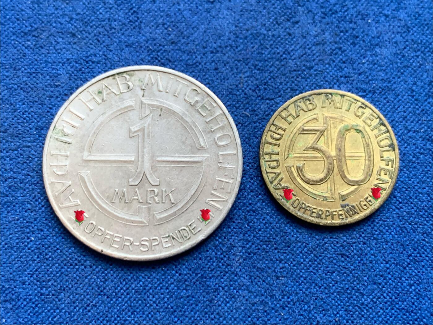 《竞宝斋》第449场 周日，周一，周二  3场连拍 （全场包邮，欢迎送拍） 两枚一组 德国1938年美术落榜生捐赠30芬尼/1马克代用币 品相很好 送评或许有惊喜