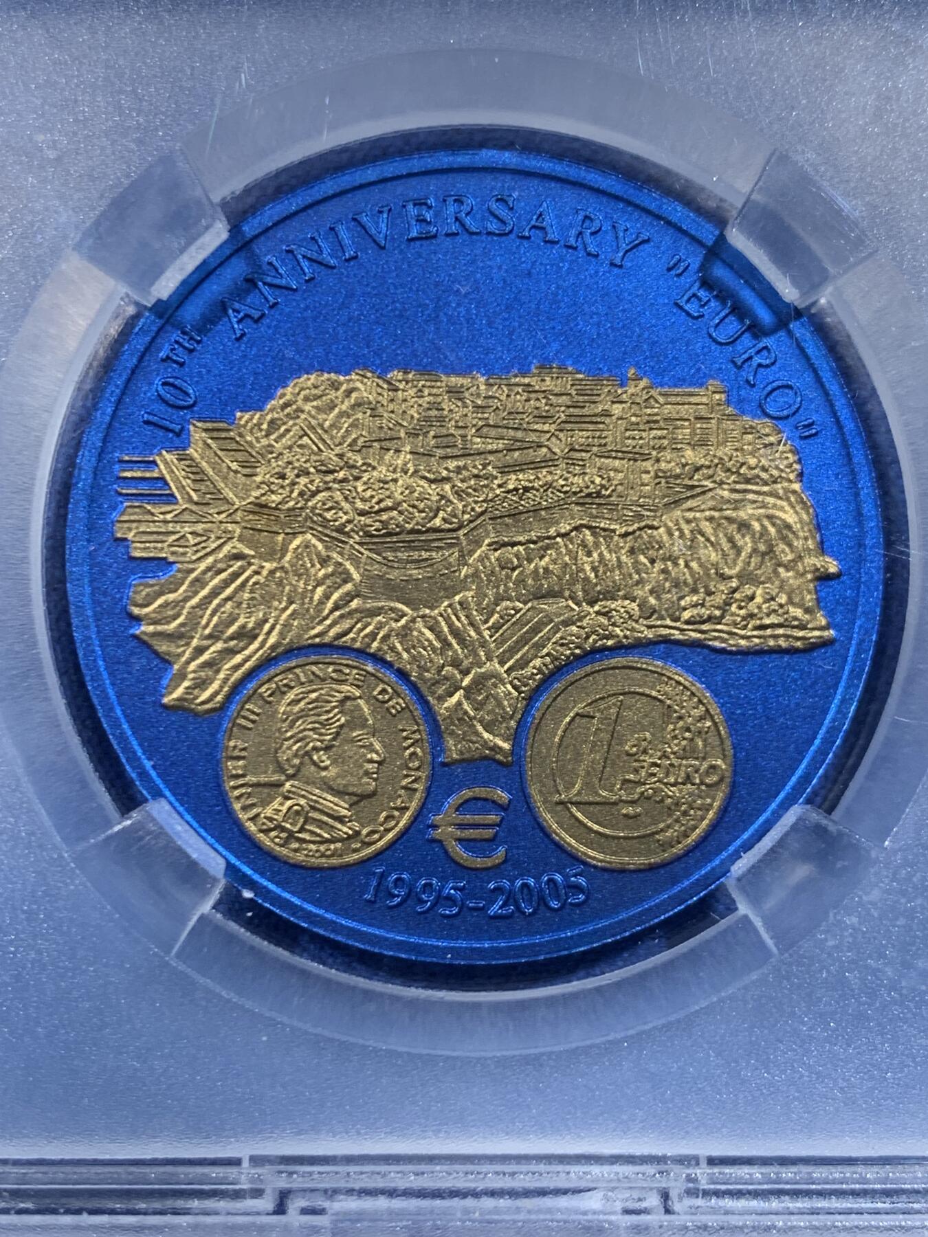 《竞宝斋》第449场 周日，周一，周二  3场连拍 （全场包邮，欢迎送拍） TQG MS70 利比里亚2005年欧元10周年纪念-摩纳哥5元蓝铌币 7.78克 发行量：1万