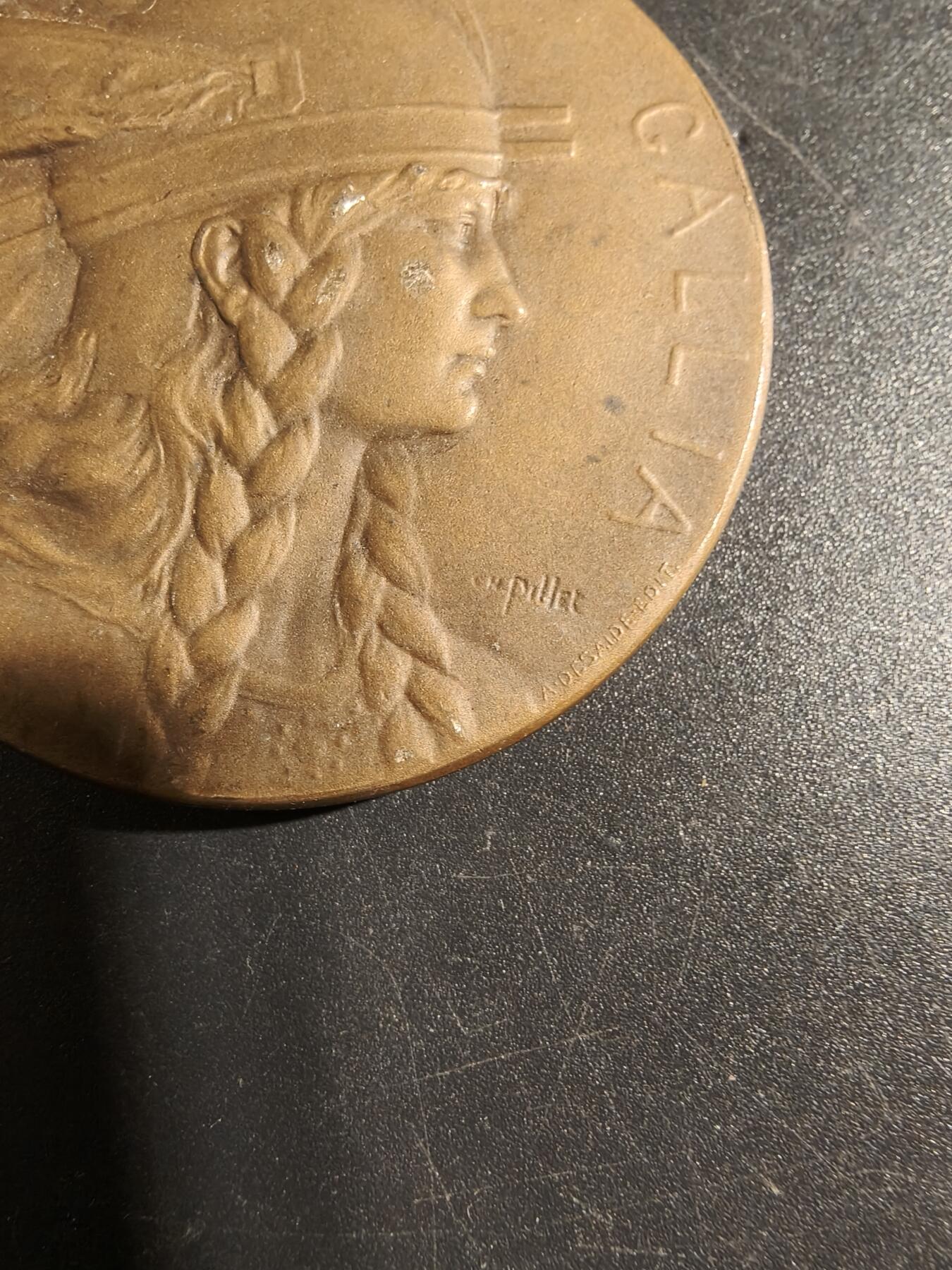 老王徽章第171期 法国百达翡丽1927年学徒竞赛展览大铜章    正面为高卢人，大师皮列作品      直径48mm     重量42.4g
