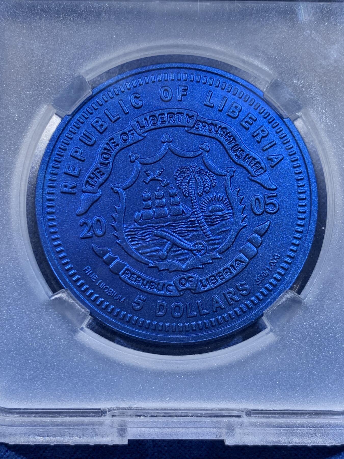 《竞宝斋》第449场 周日，周一，周二  3场连拍 （全场包邮，欢迎送拍） TQG MS70 利比里亚2005年欧元10周年纪念-摩纳哥5元蓝铌币 7.78克 发行量：1万