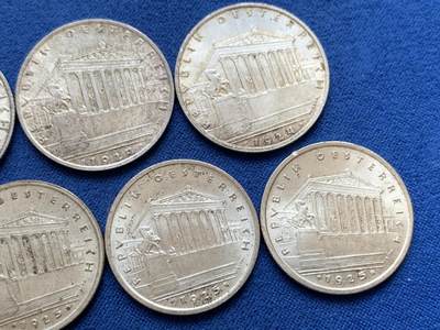 《竞宝斋》第449场 周日，周一，周二  3场连拍 （全场包邮，欢迎送拍） 七枚一组 奥地利1先令银币 1924年800银（三枚21克） + 1925年640银（四枚24克）