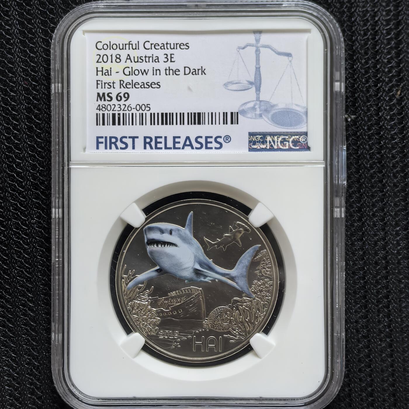 道一币馆币章第一百六十场 NGC MS69 奥地利2018年多彩生物系列鲨鱼夜光彩色铜镍3欧元纪念币