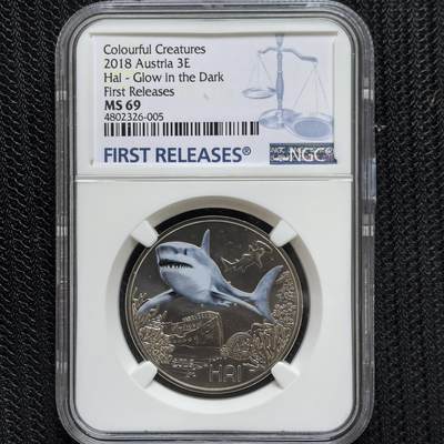 道一币馆币章第一百六十场 - NGC MS69 奥地利2018年多彩生物系列鲨鱼夜光彩色铜镍3欧元纪念币