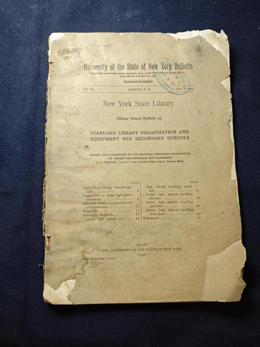 罗岚⭐爱藏⭐甄选专拍第二场-分享拍场赚佣（实体店在建中···） 纽约州立图书馆（隶属纽约州立大学）1920出版公报一份