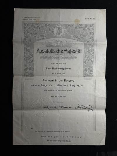 欢庆元旦！戎马世界章牌大赏第109期元旦大拍 - 奥匈帝国奥匈帝国贵族的中尉任命，得主为第50步兵团的佐尔坦·雷迪格·冯·阿布鲁德巴尼亚，得主家族来自波兰