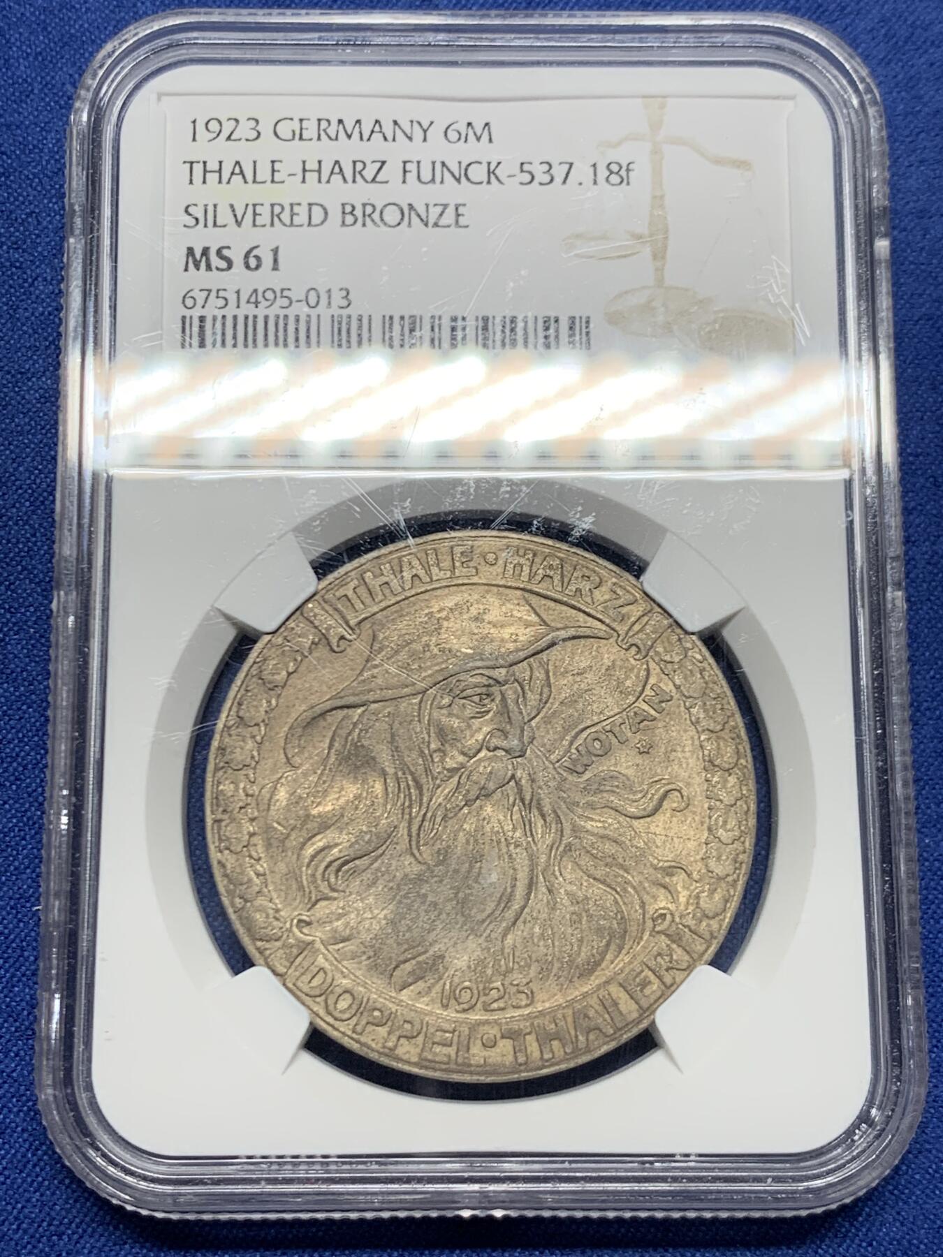 《竞宝斋》第450场 周日，周一，周二  3场连拍 （全场包邮，欢迎送拍） NGC MS61 德紧1923年德国魏玛共和国-萨克森-诺特蒙森6M铜制代用币 RR罕见珍惜帝国紧急时期代币 并且是非常稀少的镀银版本