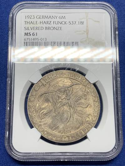 《竞宝斋》第450场 周日，周一，周二  3场连拍 （全场包邮，欢迎送拍） - NGC MS61 德紧1923年德国魏玛共和国-萨克森-诺特蒙森6M铜制代用币 RR罕见珍惜帝国紧急时期代币 并且是非常稀少的镀银版本