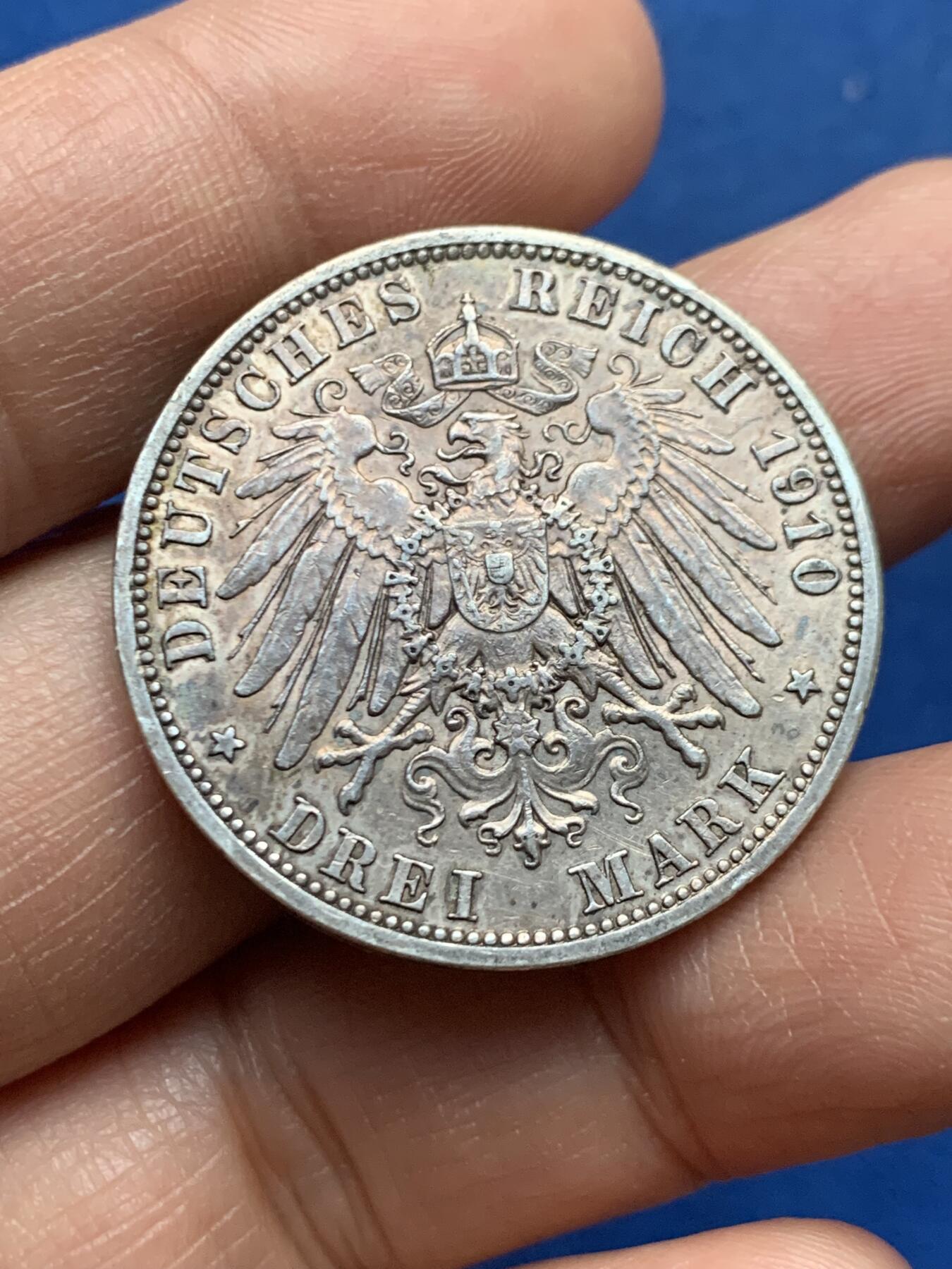 《竞宝斋》第450场 周日，周一，周二  3场连拍 （全场包邮，欢迎送拍） 德国普鲁士1910年威廉二世3马克银币