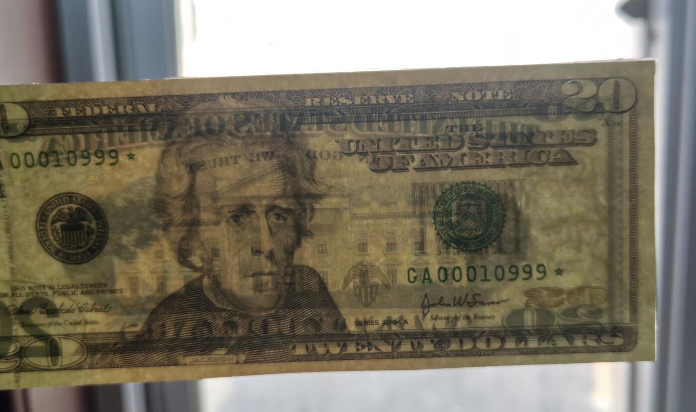Unc 美国纸币 2004年A版 20美元纸币 星号 豹子号 纸币被塑封起来