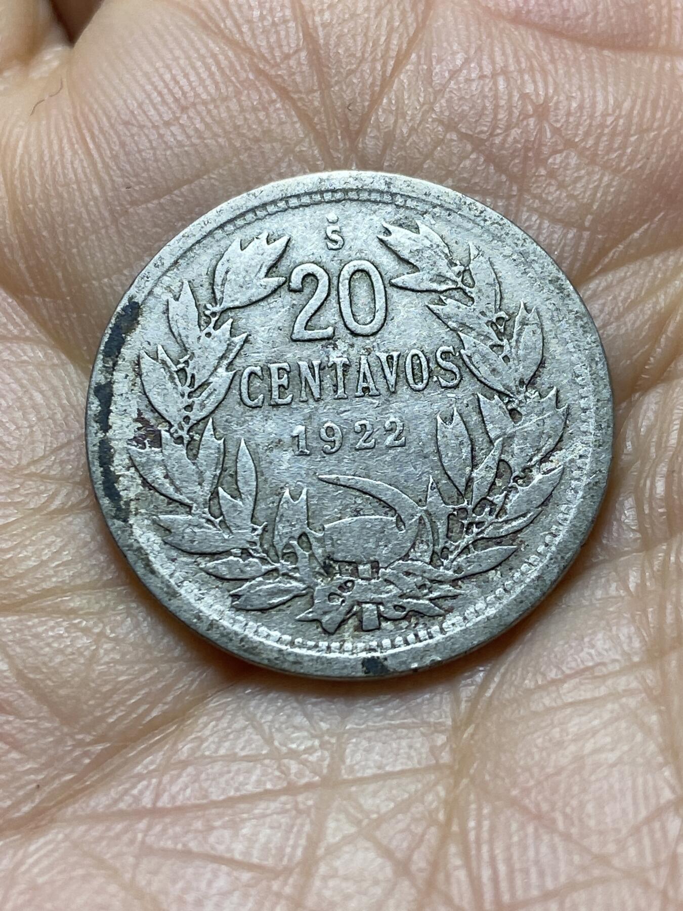 2025年第一百四十五场(总第一百七十一场）高品质英国一线回流散币年末特拍场第二场(免佣金) 智利🇨🇱1922年20分(山底无签名版)