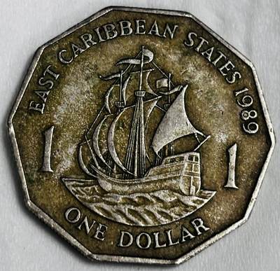 文馨钱币收藏第 286 场，圣诞节专场【 长期接收代拍品低至 0 佣金】 - 1989 年英属东加勒比海1元 一帆风顺帆船 ，第二版本首发年