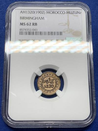 《竞宝斋》第450场 周日，周一，周二  3场连拍 （全场包邮，欢迎送拍） - NGC MS62RB 摩洛哥AH1320（1902）年1M 伯明翰厂
