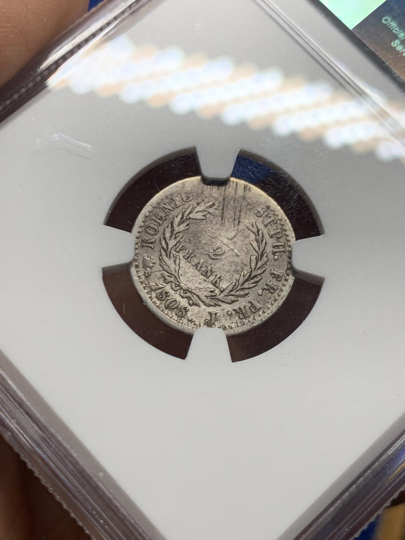 《竞宝斋》第450场 周日，周一，周二  3场连拍 （全场包邮，欢迎送拍） NGC VFD 德国威斯特伐利亚王国 1808年-J版 半法郎 银币 拿破仑于1807年为其幼弟热罗姆建立的王国 仅存在6年 细节不错 传世包浆 少见面值 好品书价极高 稀缺品种