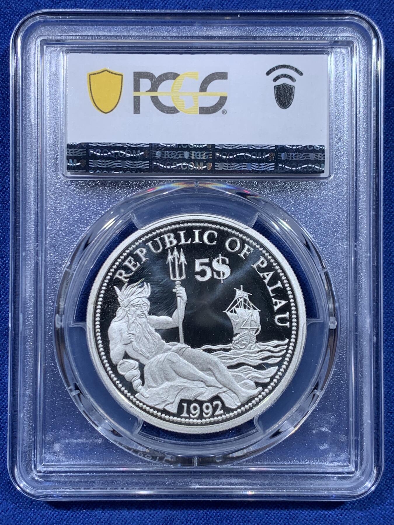 《竞宝斋》第450场 周日，周一，周二  3场连拍 （全场包邮，欢迎送拍） PCGS PR69DCAM 帕劳 1992年 海洋动物 5元 精制彩色银币 亚军分！