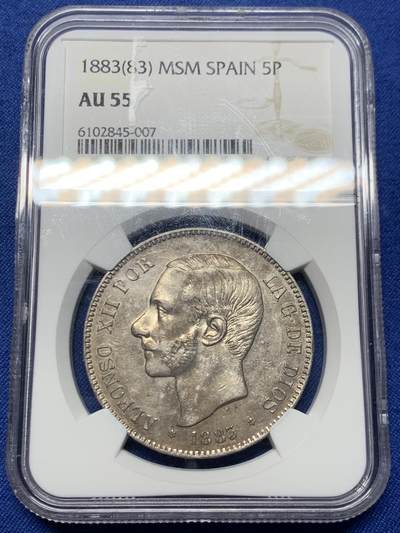 《竞宝斋》第450场 周日，周一，周二  3场连拍 （全场包邮，欢迎送拍） - NGC AU55 西班牙 1883年 阿方索十二世 5比塞塔 银币 状态非常好 感觉给分低了