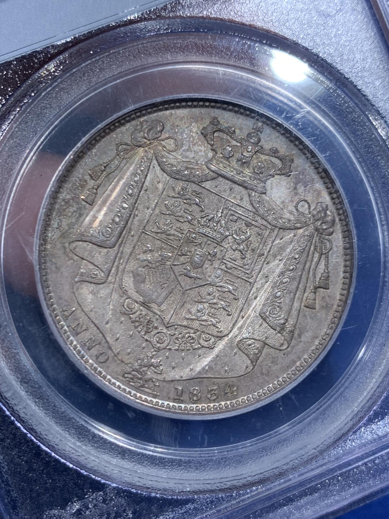 《竞宝斋》第450场 周日，周一，周二  3场连拍 （全场包邮，欢迎送拍） PCGS MS64 英国 1834年 威廉四世大窗帘半克朗银币 早期老盒子 五彩原味包浆 直接一步到位